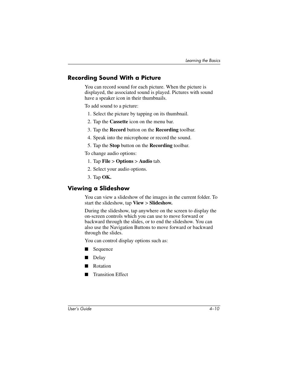 Recording sound with a picture, Viewing a slideshow | HP h4000 User Manual | Page 50 / 141