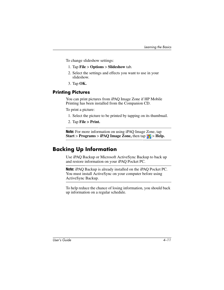 Printing pictures, Backing up information, Backing up information –11 | HP h4000 User Manual | Page 51 / 141