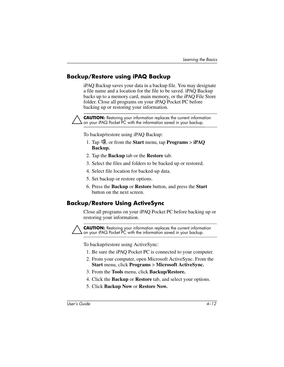 Backup/restore using ipaq backup, Backup/restore using activesync | HP h4000 User Manual | Page 52 / 141