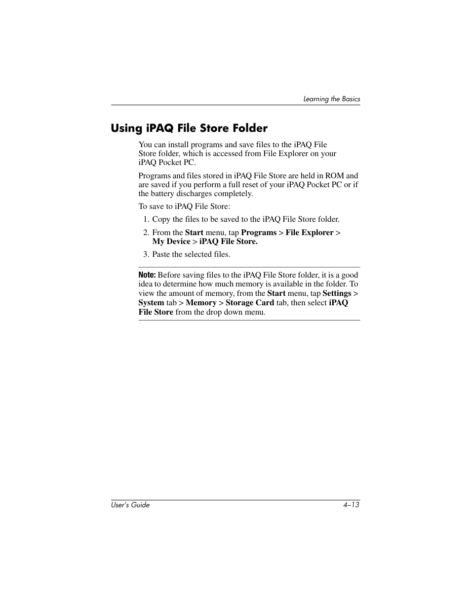 Using ipaq file store folder, Using ipaq file store folder –13 | HP h4000 User Manual | Page 53 / 141