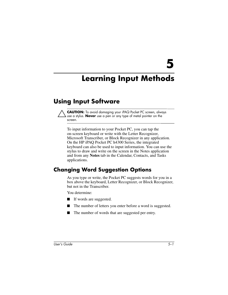 Learning input methods, Using input software, Changing word suggestion options | 5 learning input methods, Using input software –1, Changing word suggestion options –1 | HP h4000 User Manual | Page 54 / 141
