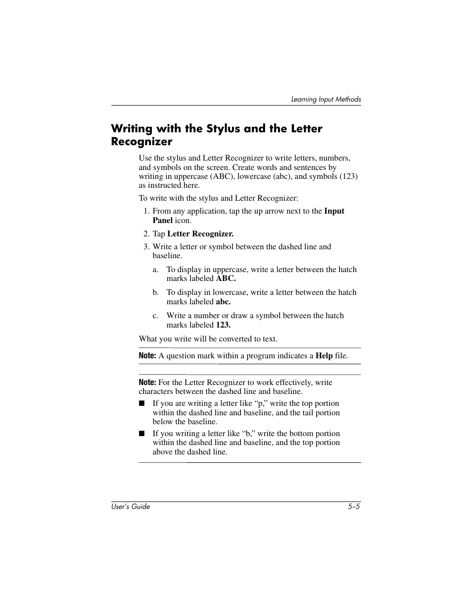 Writing with the stylus and the letter recognizer | HP h4000 User Manual | Page 58 / 141