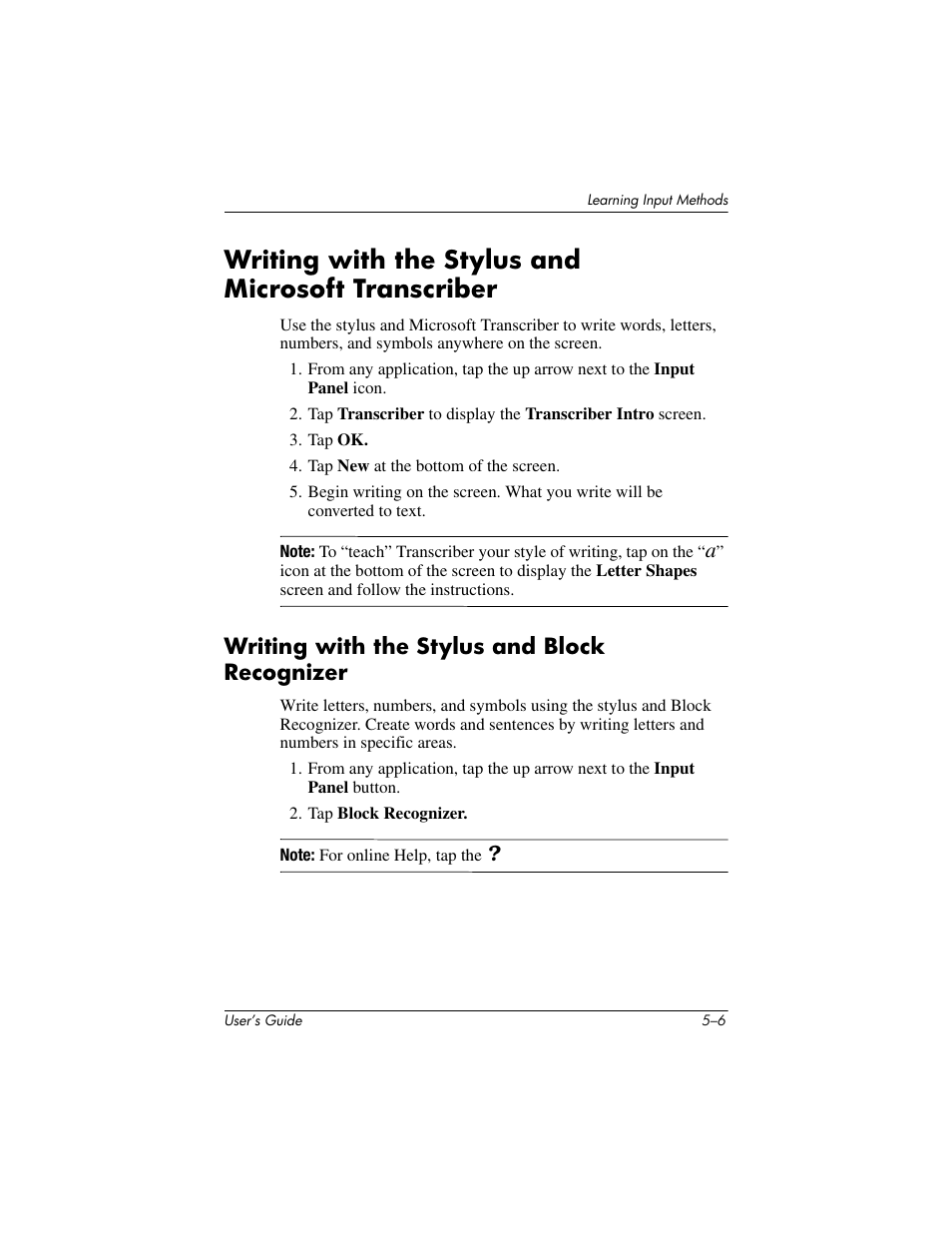 Writing with the stylus and microsoft transcriber, Writing with the stylus and block recognizer, Writing with the stylus and block recognizer –6 | HP h4000 User Manual | Page 59 / 141