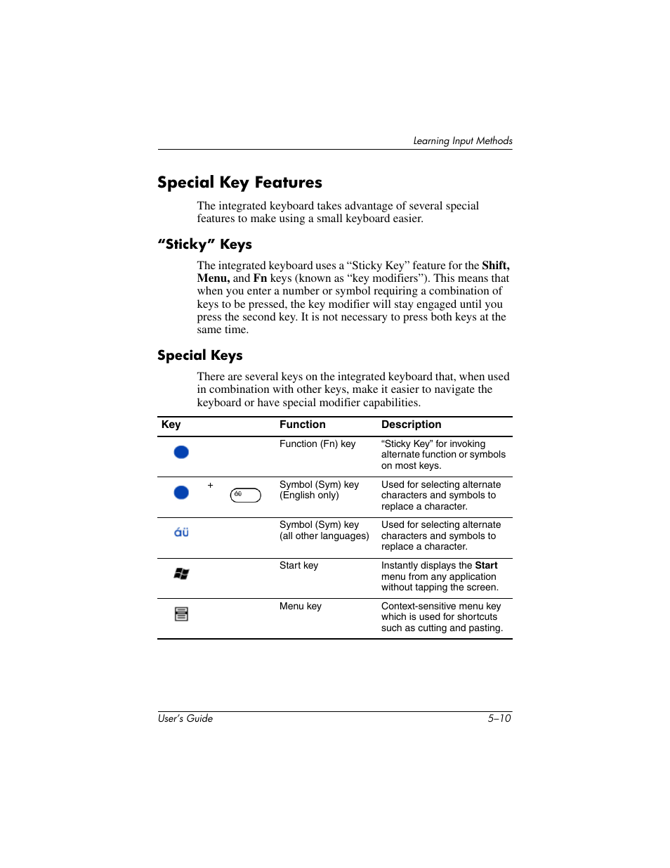 Special key features, Sticky” keys, Special keys | Special key features –10 | HP h4000 User Manual | Page 63 / 141