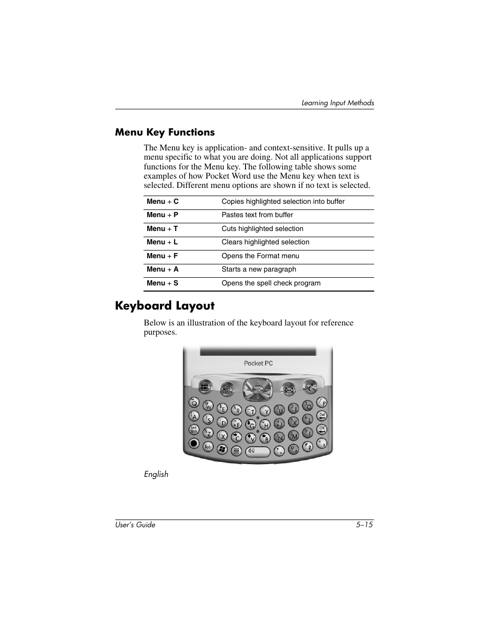 Menu key functions, Keyboard layout, Keyboard layout –15 | HP h4000 User Manual | Page 68 / 141