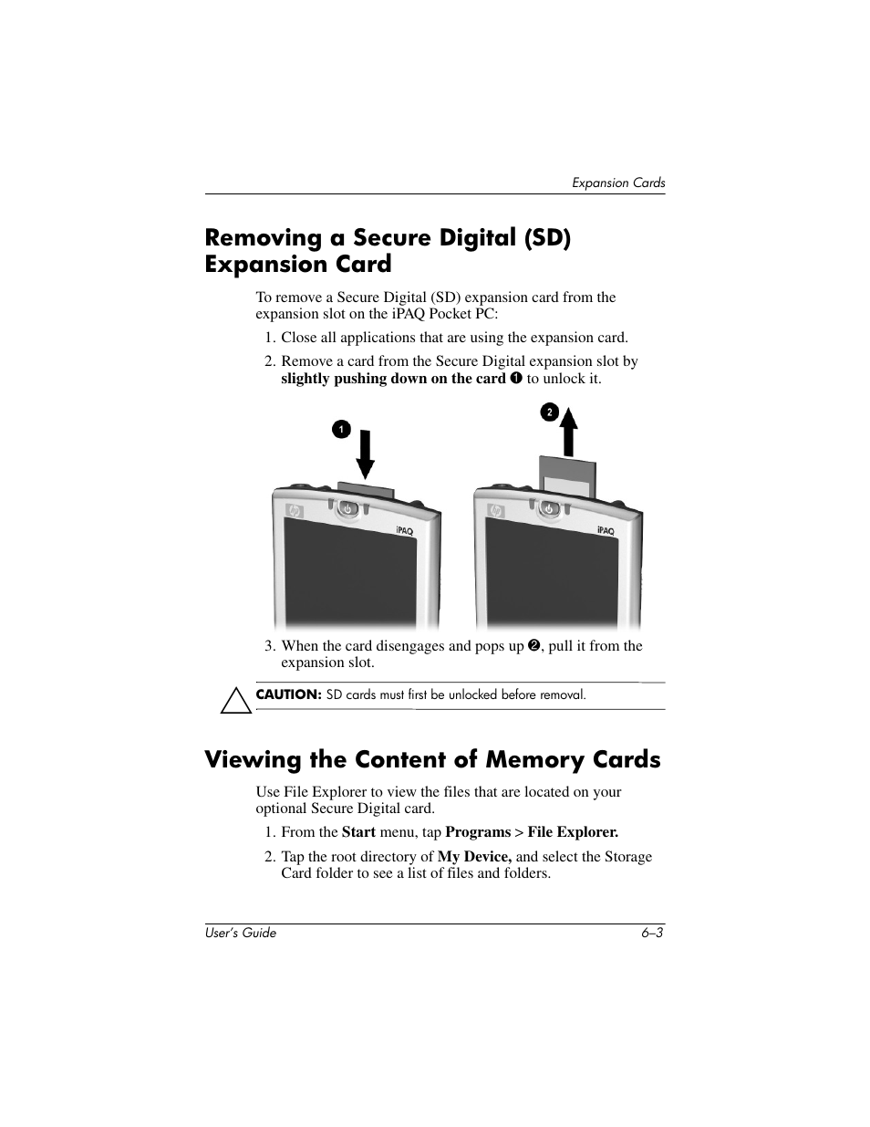 Removing a secure digital (sd) expansion card, Viewing the content of memory cards | HP h4000 User Manual | Page 73 / 141