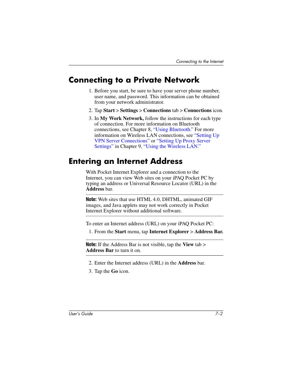Connecting to a private network, Entering an internet address | HP h4000 User Manual | Page 75 / 141
