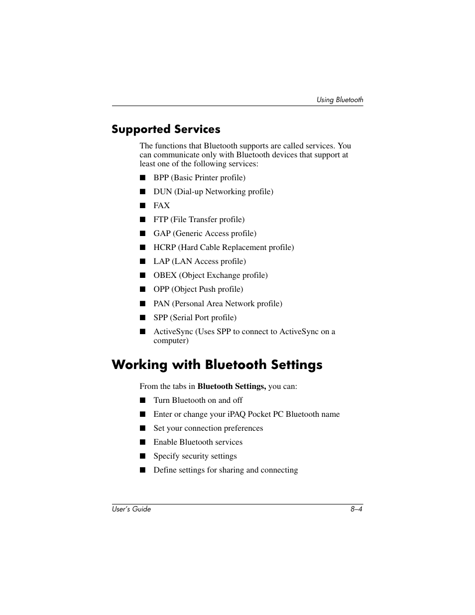 Supported services, Working with bluetooth settings, Supported services –4 | Working with bluetooth settings –4 | HP h4000 User Manual | Page 80 / 141