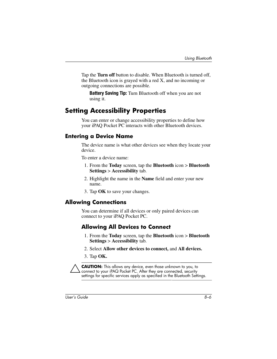 Setting accessibility properties, Entering a device name, Allowing connections | Setting accessibility properties –6 | HP h4000 User Manual | Page 82 / 141
