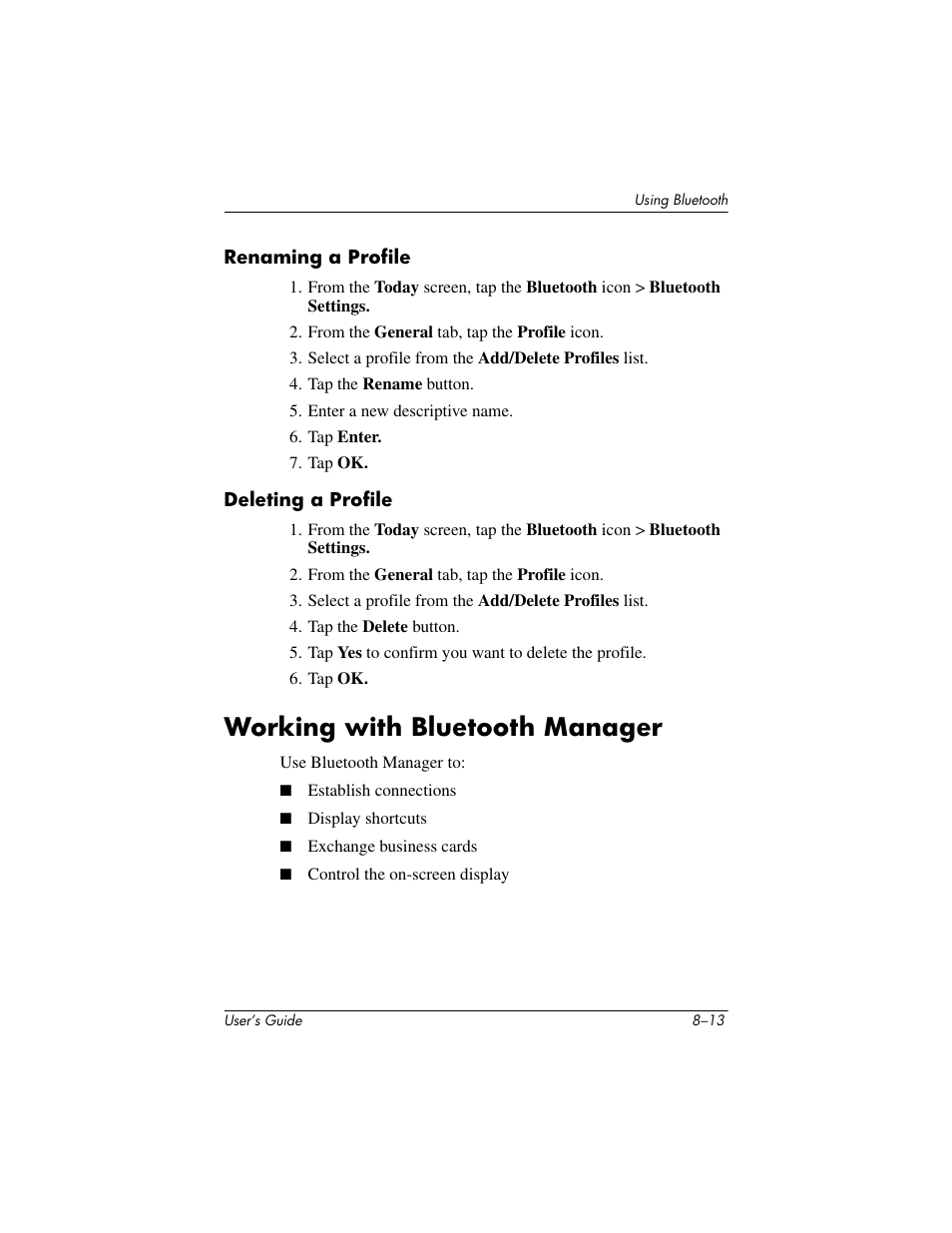 Renaming a profile, Deleting a profile, Working with bluetooth manager | Working with bluetooth manager –13 | HP h4000 User Manual | Page 89 / 141