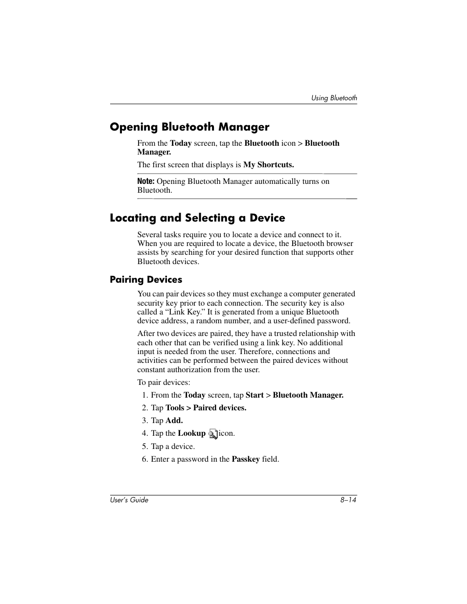 Opening bluetooth manager, Locating and selecting a device, Pairing devices | HP h4000 User Manual | Page 90 / 141