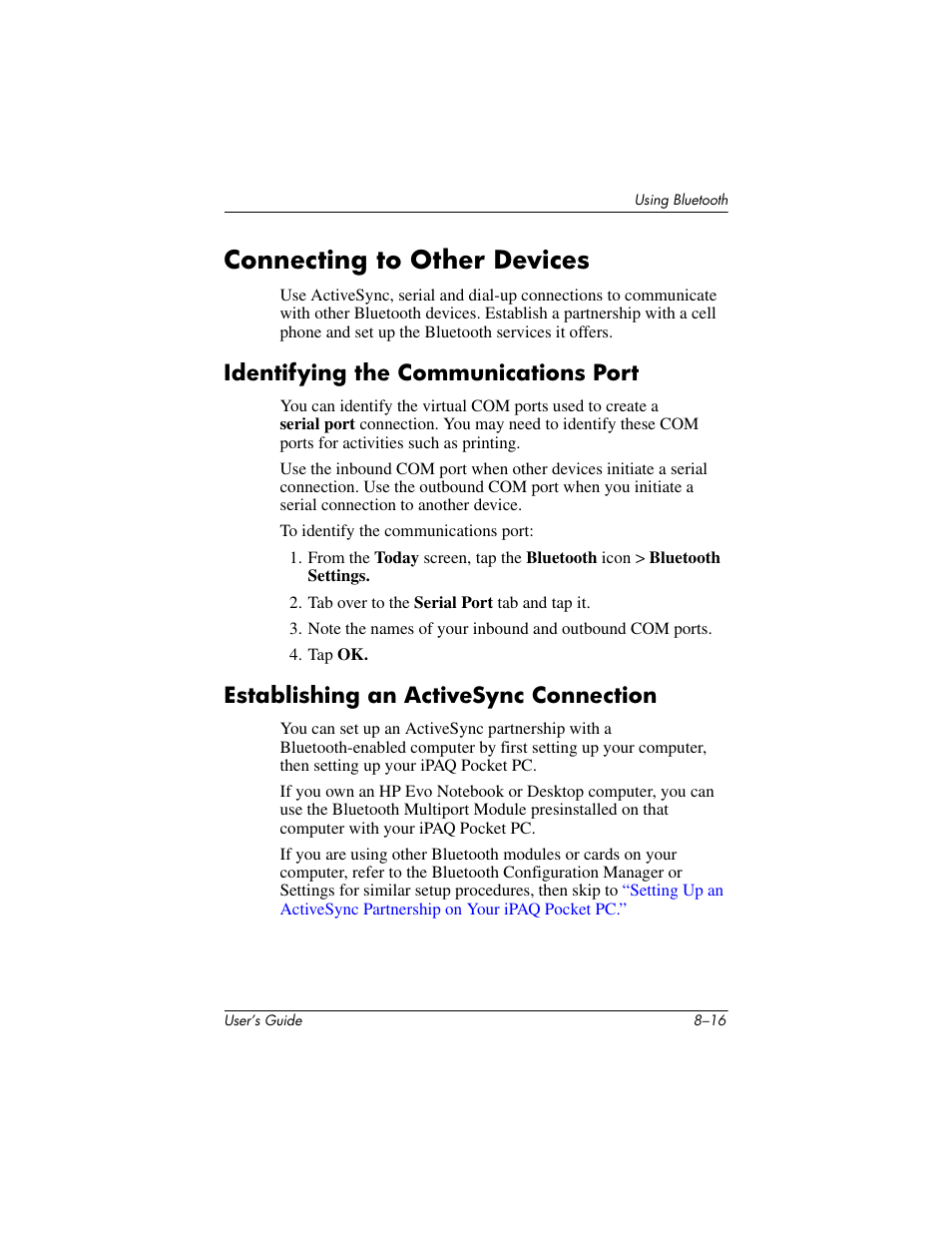 Connecting to other devices, Identifying the communications port, Establishing an activesync connection | Connecting to other devices –16 | HP h4000 User Manual | Page 92 / 141