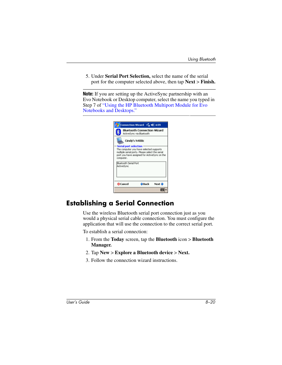 Establishing a serial connection, Establishing a serial connection –20 | HP h4000 User Manual | Page 96 / 141