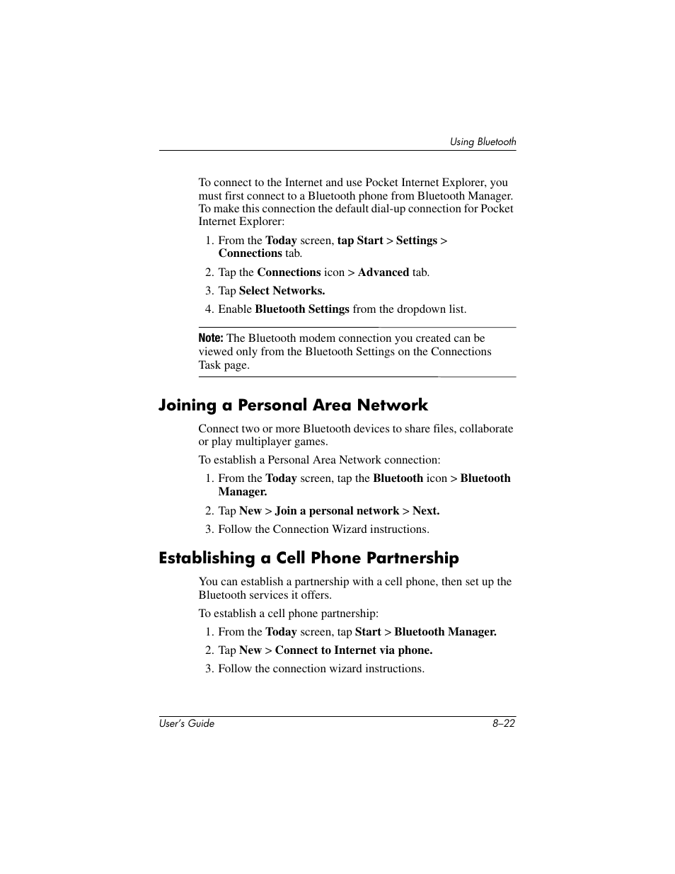 Joining a personal area network, Establishing a cell phone partnership | HP h4000 User Manual | Page 98 / 141