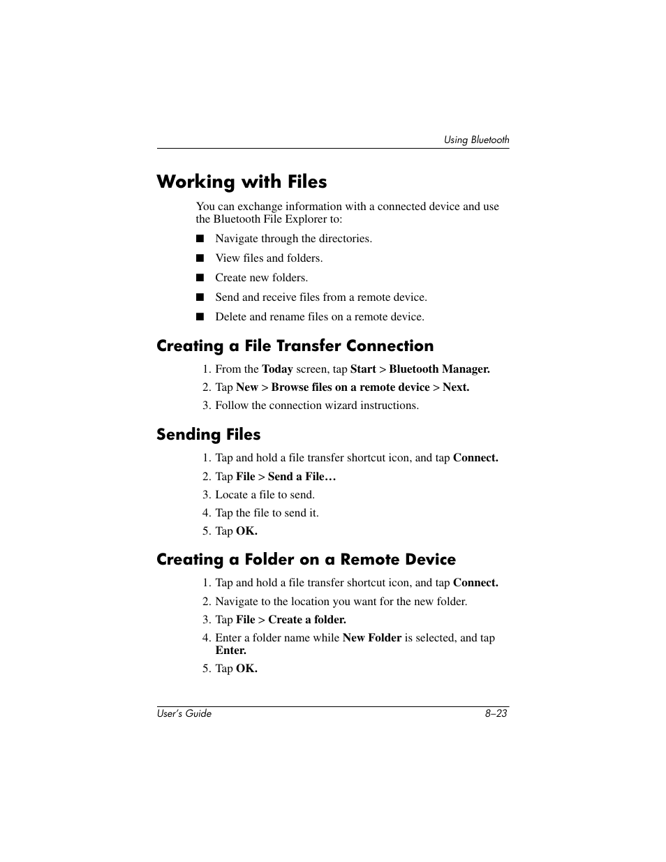 Working with files, Creating a file transfer connection, Sending files | Creating a folder on a remote device, Working with files –23 | HP h4000 User Manual | Page 99 / 141