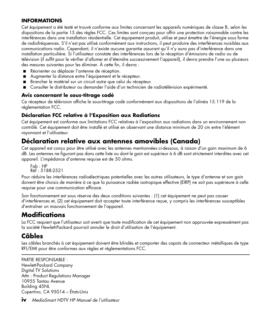 Modifications, Câbles | HP MediaSmart SLC3760N User Manual | Page 106 / 310