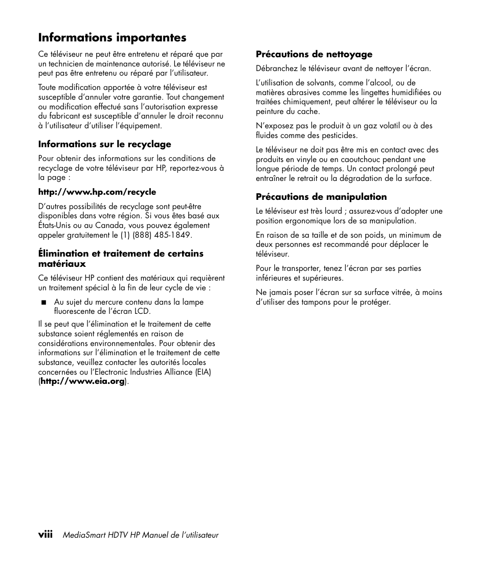 Informations importantes | HP MediaSmart SLC3760N User Manual | Page 110 / 310