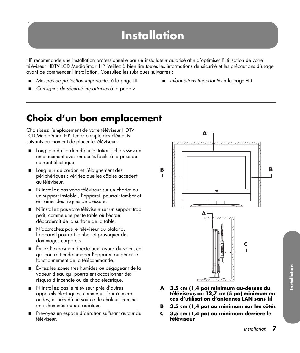 Choix d’un bon emplacement, Installation | HP MediaSmart SLC3760N User Manual | Page 121 / 310