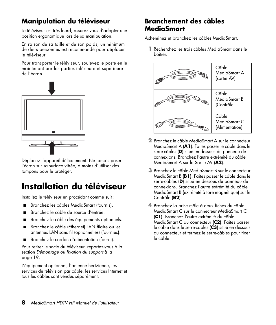 Manipulation du téléviseur, Installation du téléviseur, Branchement des câbles mediasmart | HP MediaSmart SLC3760N User Manual | Page 122 / 310