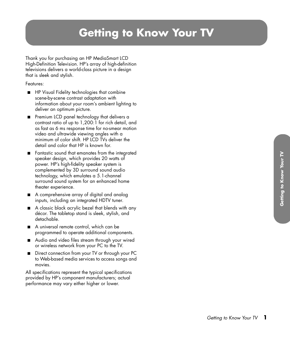 Getting to know your tv | HP MediaSmart SLC3760N User Manual | Page 13 / 310