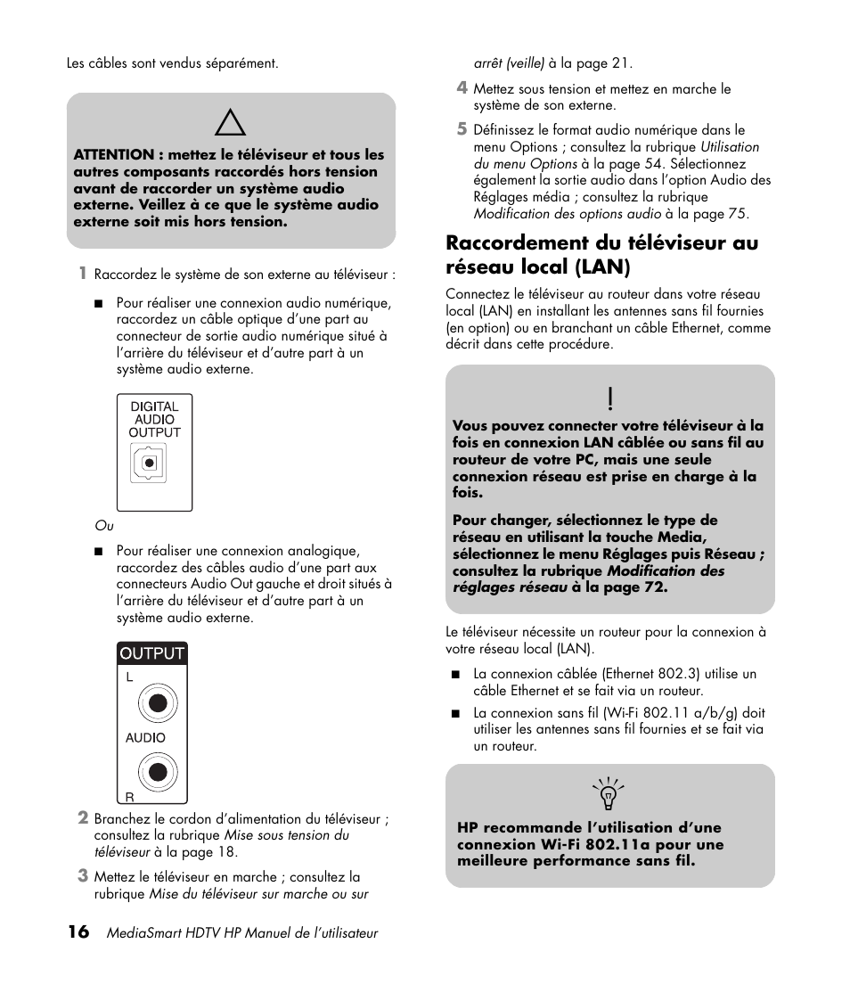 Raccordement du téléviseur au réseau local (lan) | HP MediaSmart SLC3760N User Manual | Page 130 / 310