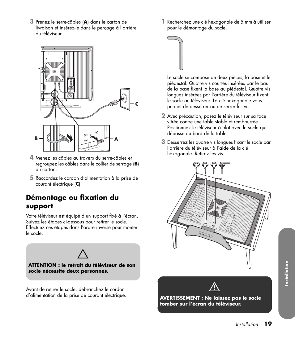 Démontage ou fixation du support | HP MediaSmart SLC3760N User Manual | Page 133 / 310