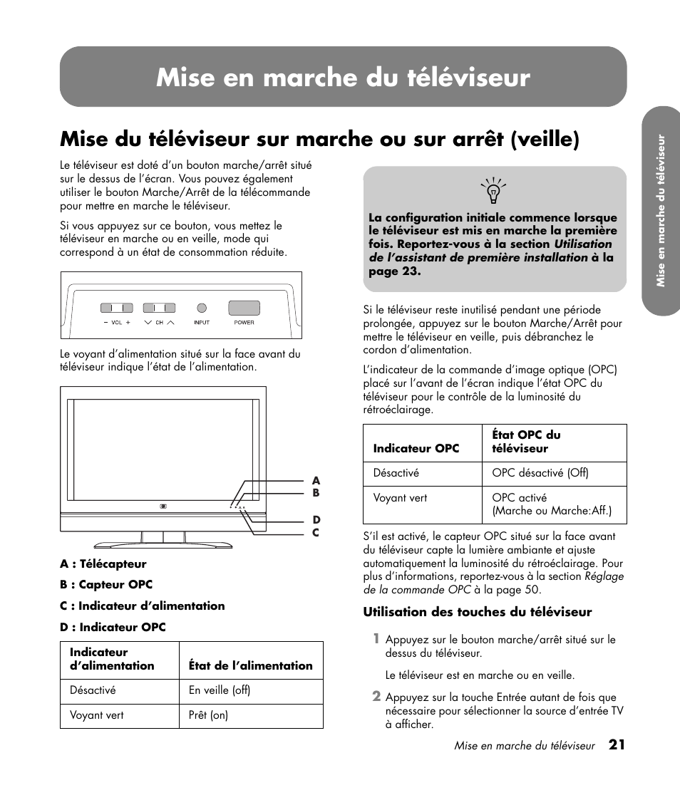 Mise en marche du téléviseur, Mise du téléviseur sur marche ou sur | HP MediaSmart SLC3760N User Manual | Page 135 / 310