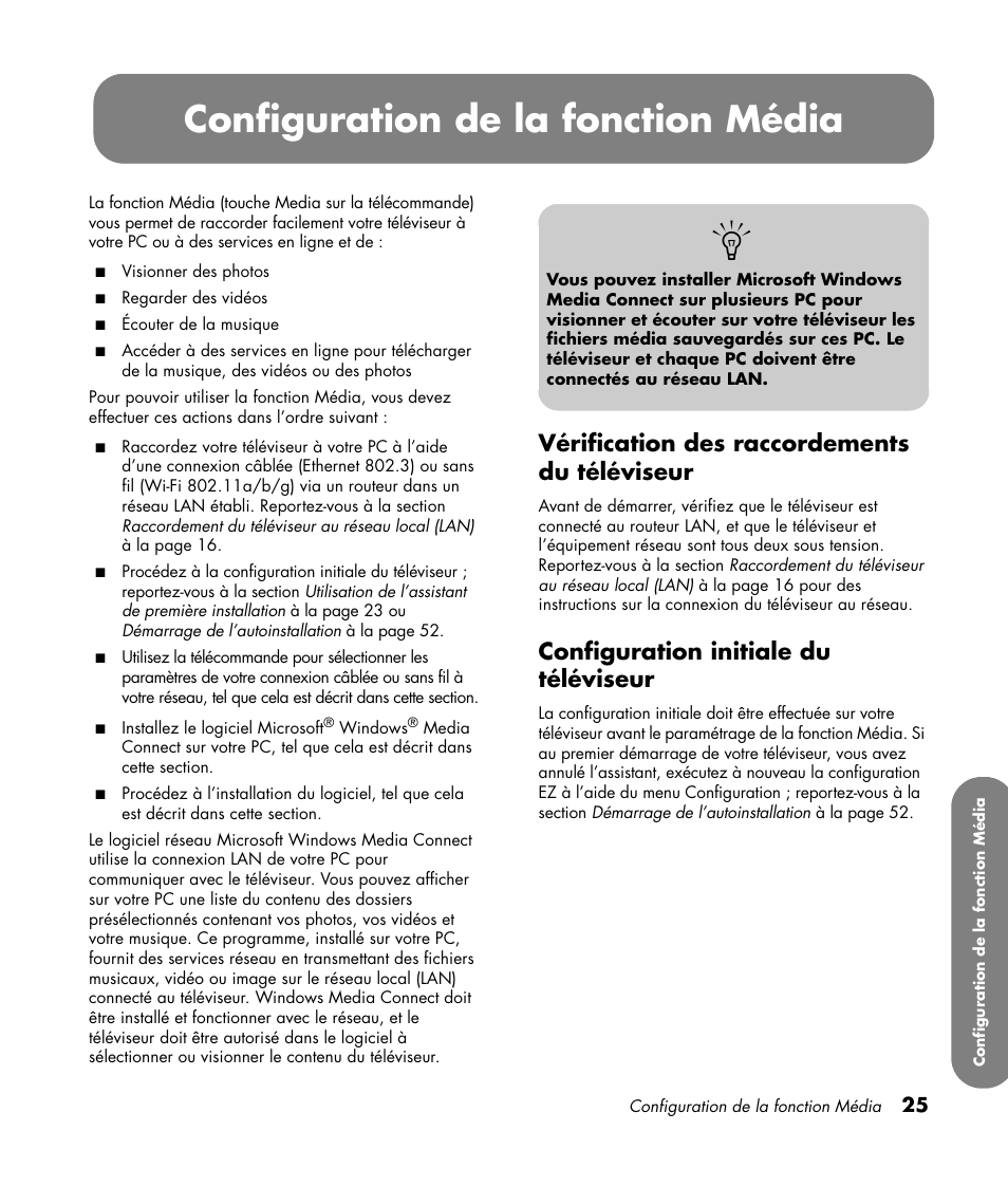 Vérification des raccordements du téléviseur, Configuration initiale du téléviseur, Média | Configuration de la fonction média | HP MediaSmart SLC3760N User Manual | Page 139 / 310