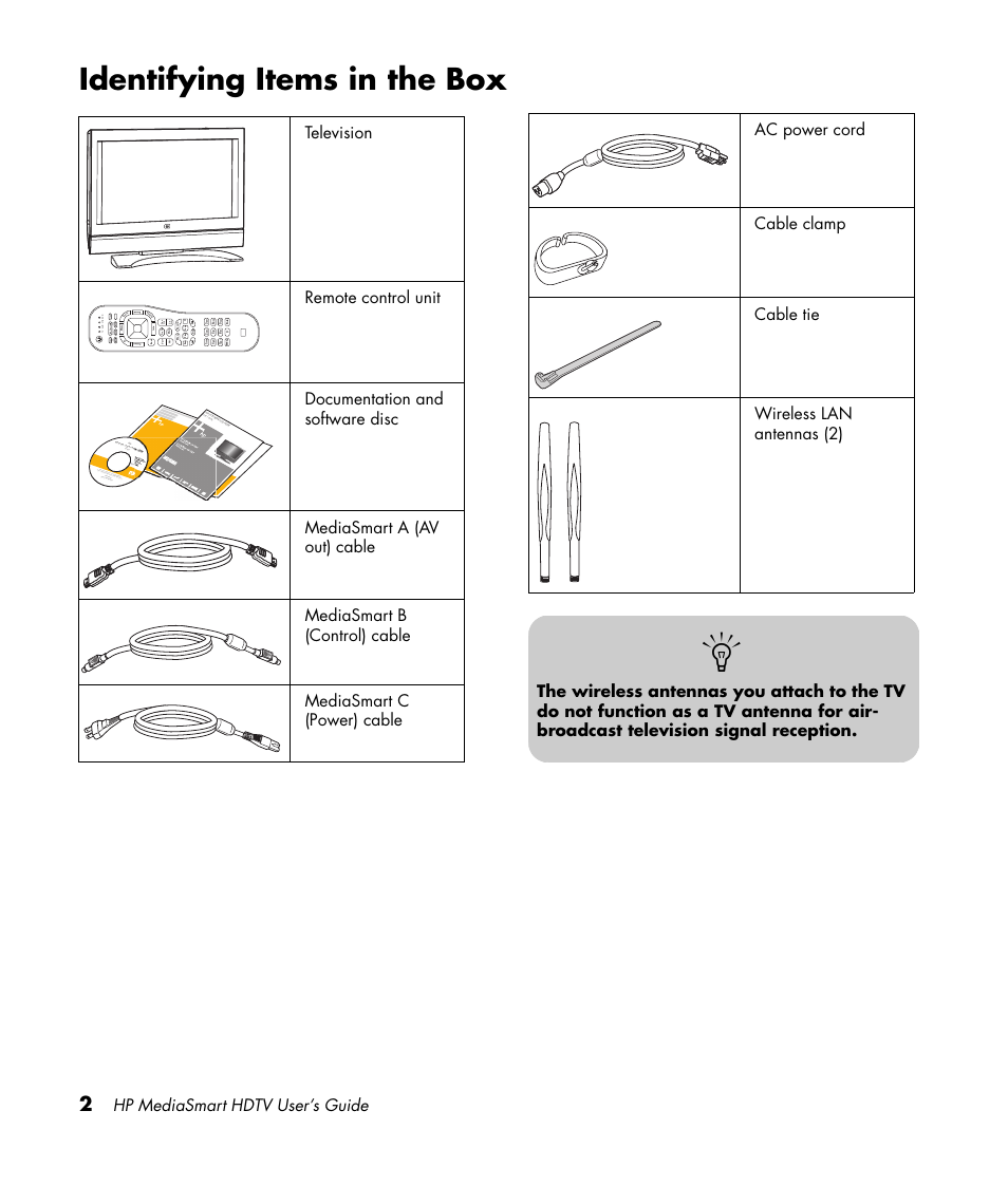 Identifying items in the box, Hp mediasmart hdtv user’s guide, Tv aud stb dvd options cc aspect sap | Pa g e, Con nect yo, User ’s guid e | HP MediaSmart SLC3760N User Manual | Page 14 / 310