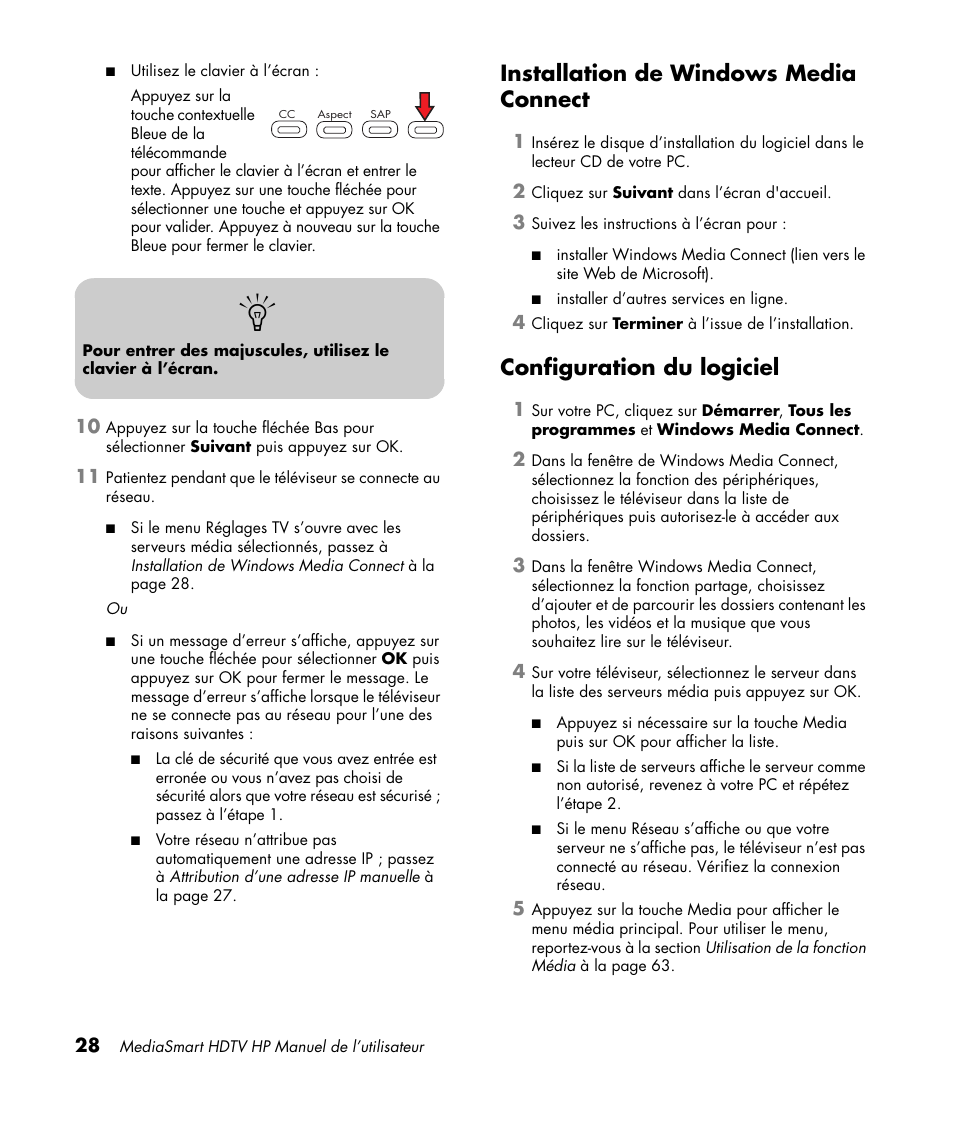 Installation de windows media connect, Configuration du logiciel, Utilisation de la télécommande | HP MediaSmart SLC3760N User Manual | Page 142 / 310