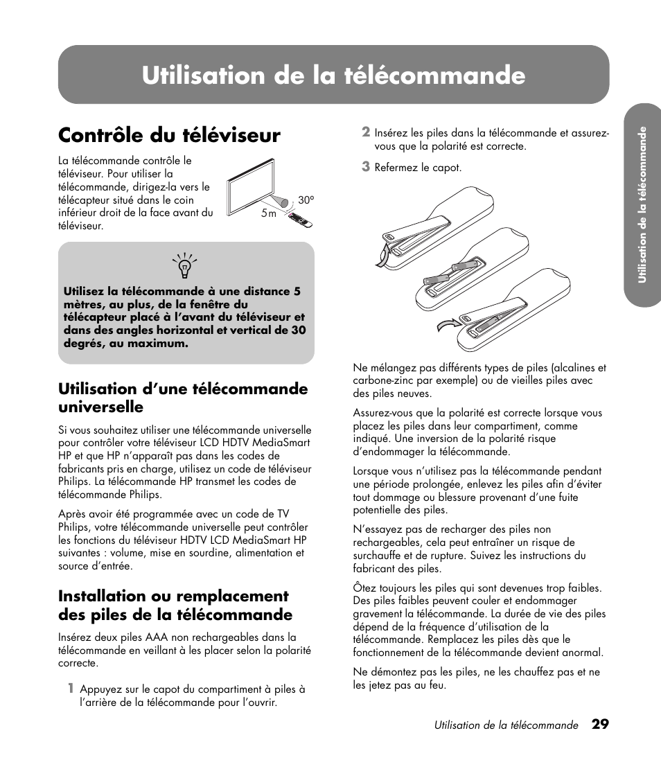 Contrôle du téléviseur, Utilisation d’une télécommande universelle, Utilisation de la télécommande | HP MediaSmart SLC3760N User Manual | Page 143 / 310