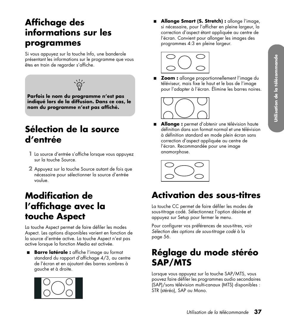 Affichage des informations sur les programmes, Sélection de la source d’entrée, Modification de l’affichage avec la touche aspect | Activation des sous-titres, Réglage du mode stéréo sap/mts | HP MediaSmart SLC3760N User Manual | Page 151 / 310