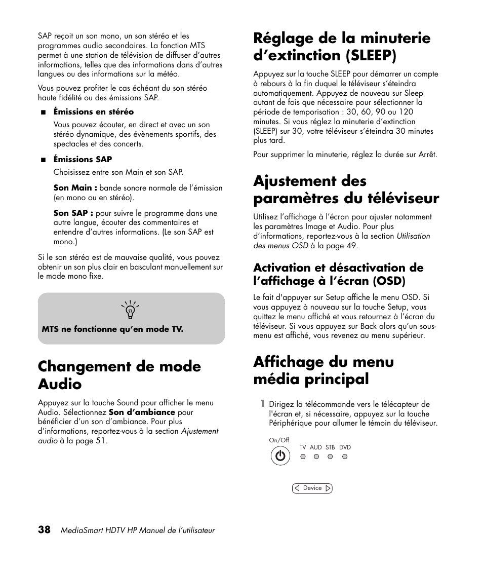 Changement de mode audio, Réglage de la minuterie d’extinction (sleep), Ajustement des paramètres du téléviseur | Affichage du menu média principal | HP MediaSmart SLC3760N User Manual | Page 152 / 310