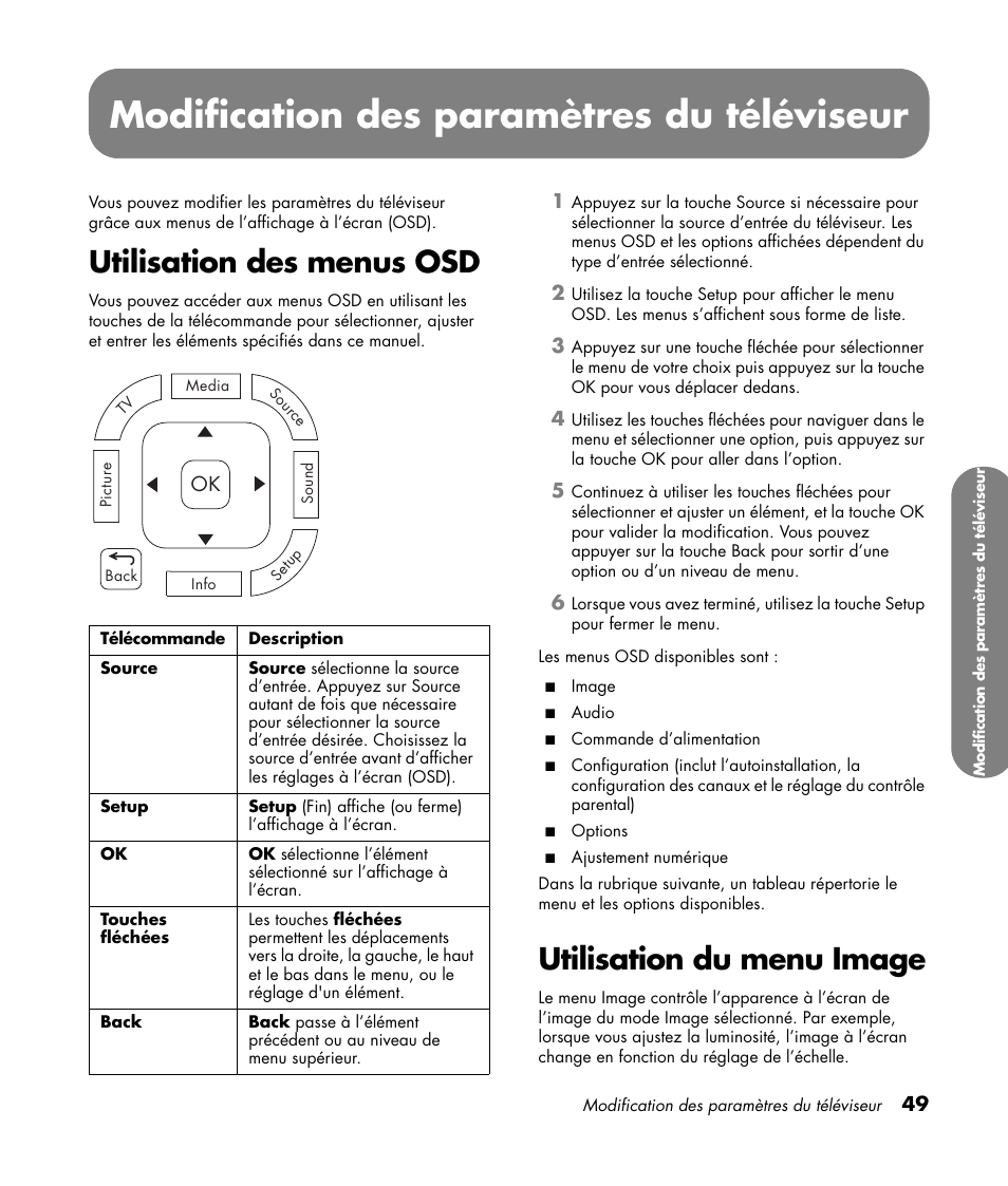 Utilisation des menus osd, Utilisation du menu image, Réglage des paramètres de l’image | Utilisation du menu audio, Modification des paramètres du téléviseur | HP MediaSmart SLC3760N User Manual | Page 163 / 310