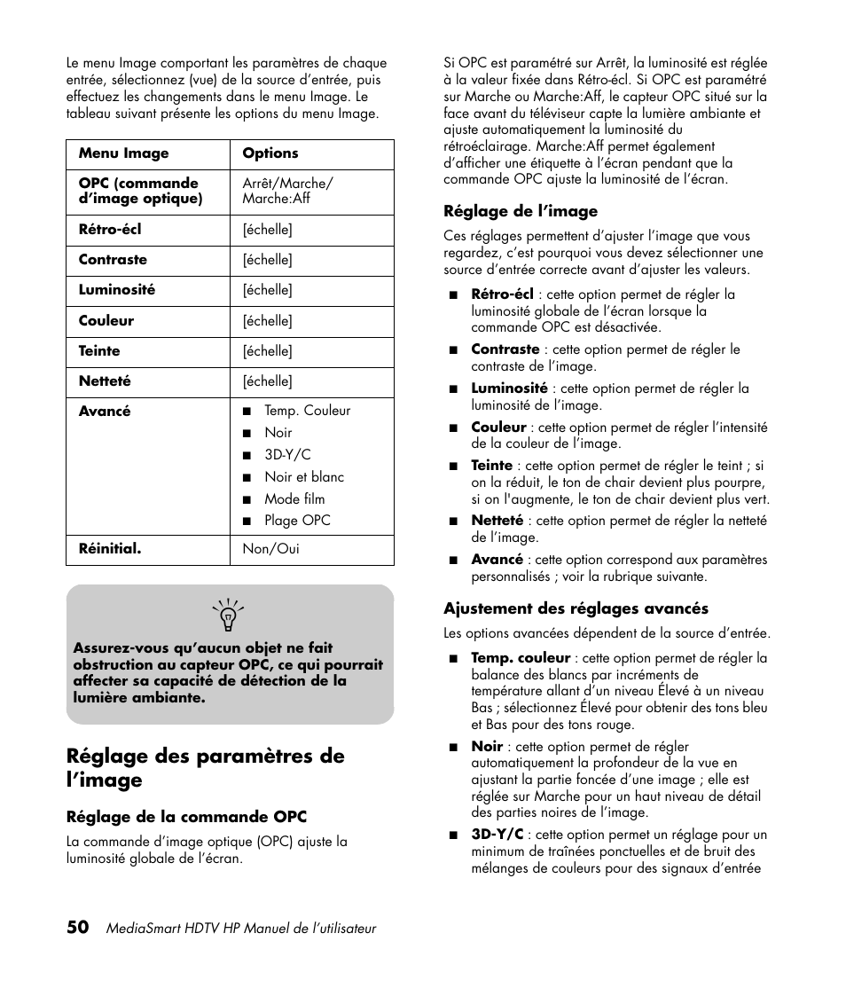 Réglage des paramètres de l’image, Ajustement audio | HP MediaSmart SLC3760N User Manual | Page 164 / 310