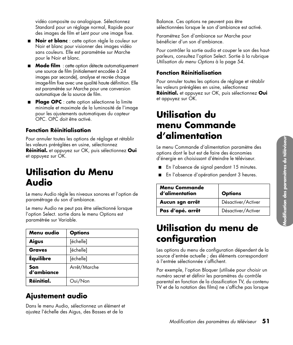 Utilisation du menu audio, Ajustement audio, Utilisation du menu commande d’alimentation | Utilisation du menu de configuration | HP MediaSmart SLC3760N User Manual | Page 165 / 310