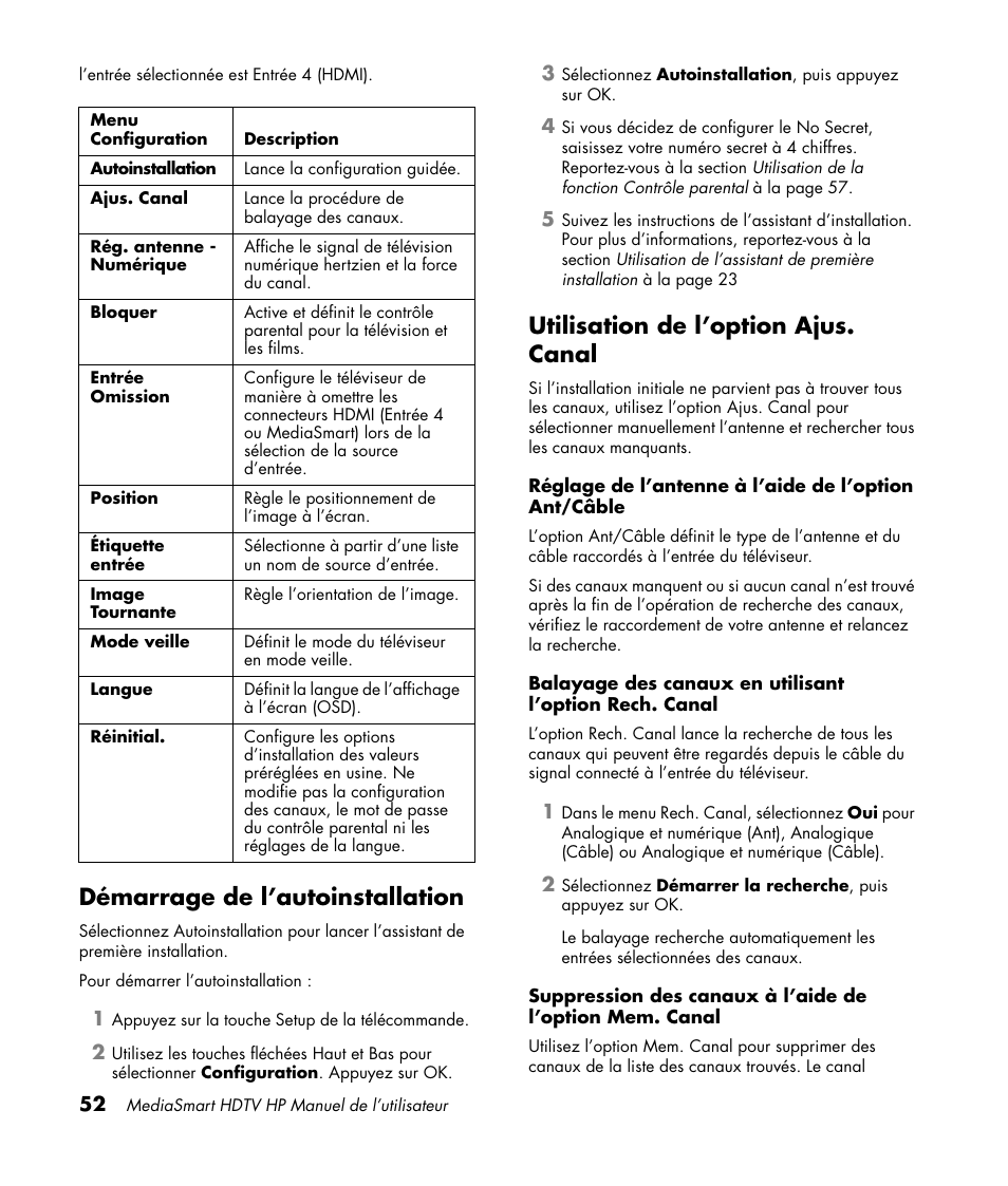 Démarrage de l’autoinstallation, Utilisation de l’option ajus. canal | HP MediaSmart SLC3760N User Manual | Page 166 / 310