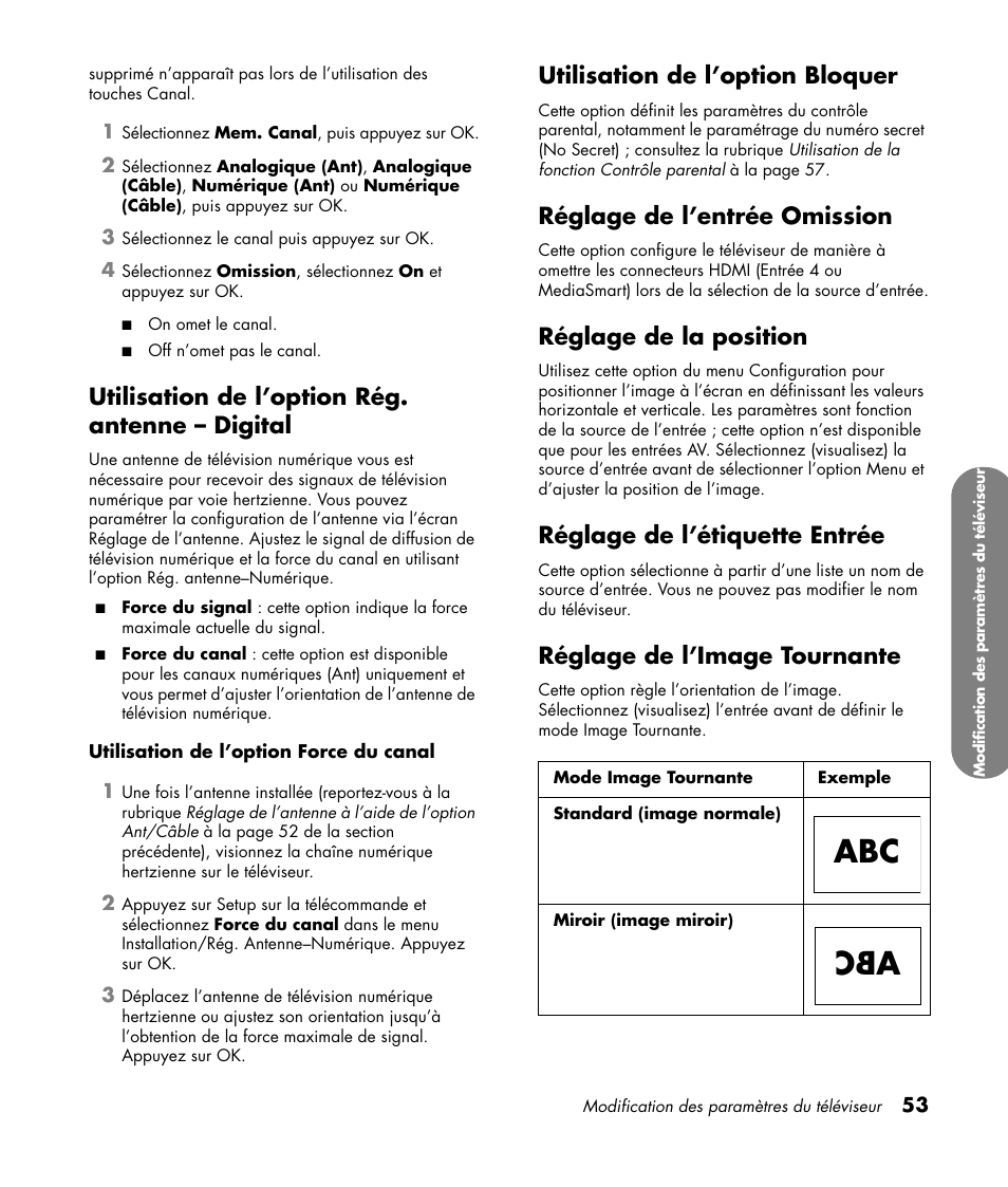 Utilisation de l’option rég. antenne - digital, Utilisation de l’option bloquer, Réglage de l’entrée omission | Réglage de la position, Réglage de l’étiquette entrée, Réglage de l’image tournante, Utilisation de l’option rég. antenne – digital | HP MediaSmart SLC3760N User Manual | Page 167 / 310