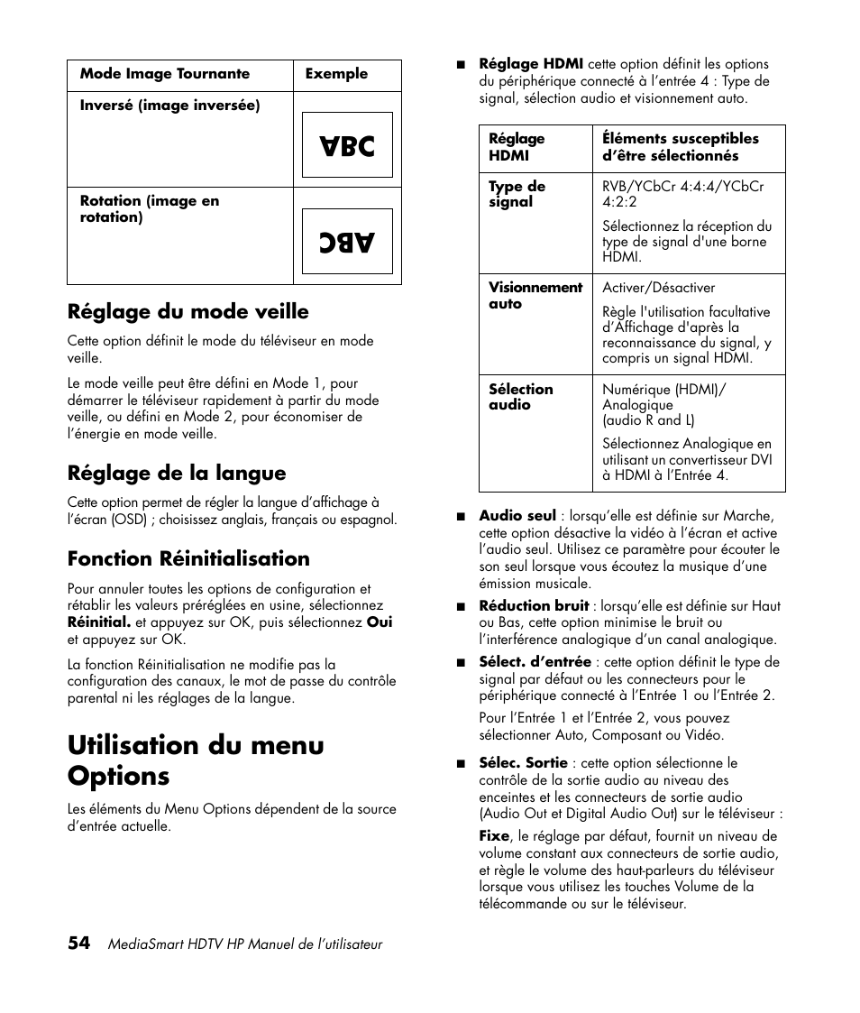 Réglage du mode veille, Réglage de la langue, Fonction réinitialisation | Utilisation du menu options, Utilisation du réglage audio, Utilisation du sous-titrage codé | HP MediaSmart SLC3760N User Manual | Page 168 / 310