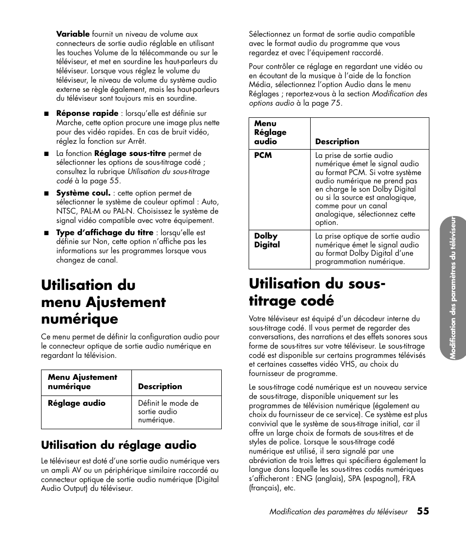 Utilisation du menu ajustement numérique, Utilisation du réglage audio, Utilisation du sous- titrage codé | Sélection des options de sous-titrage codé, Utilisation de la fonction contrôle parental, Réglage du contrôle parental au niveau | HP MediaSmart SLC3760N User Manual | Page 169 / 310