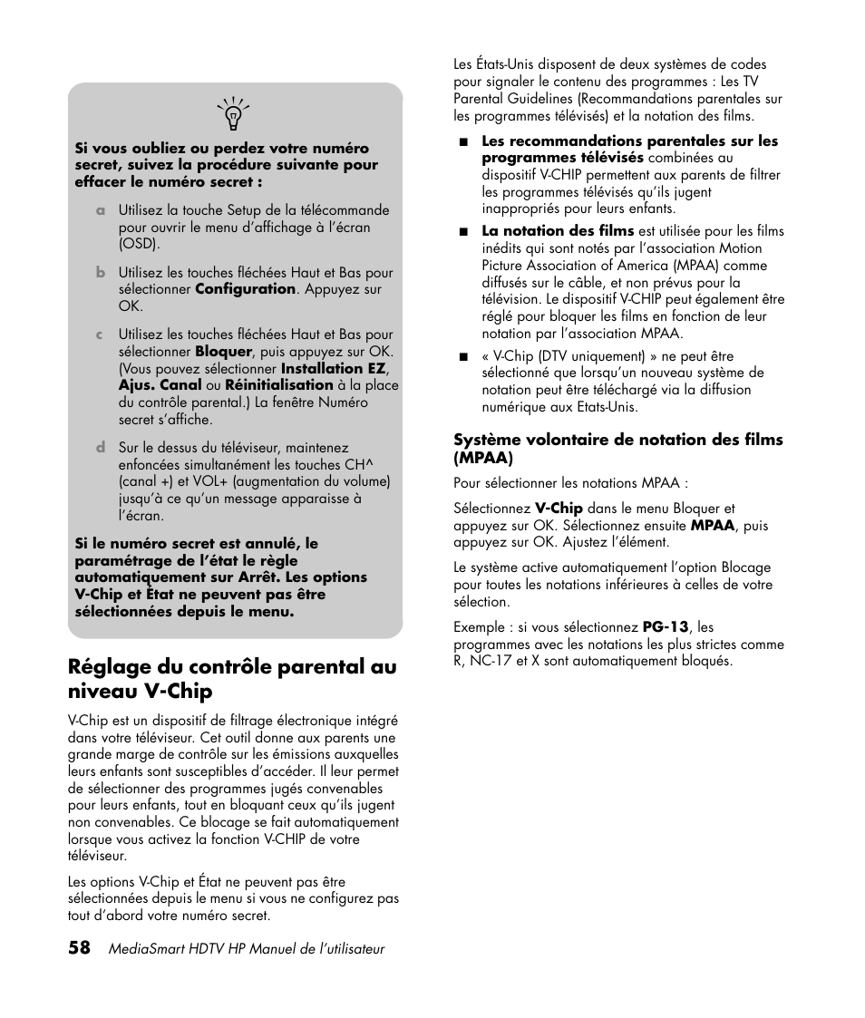 Réglage du contrôle parental au niveau v-chip | HP MediaSmart SLC3760N User Manual | Page 172 / 310
