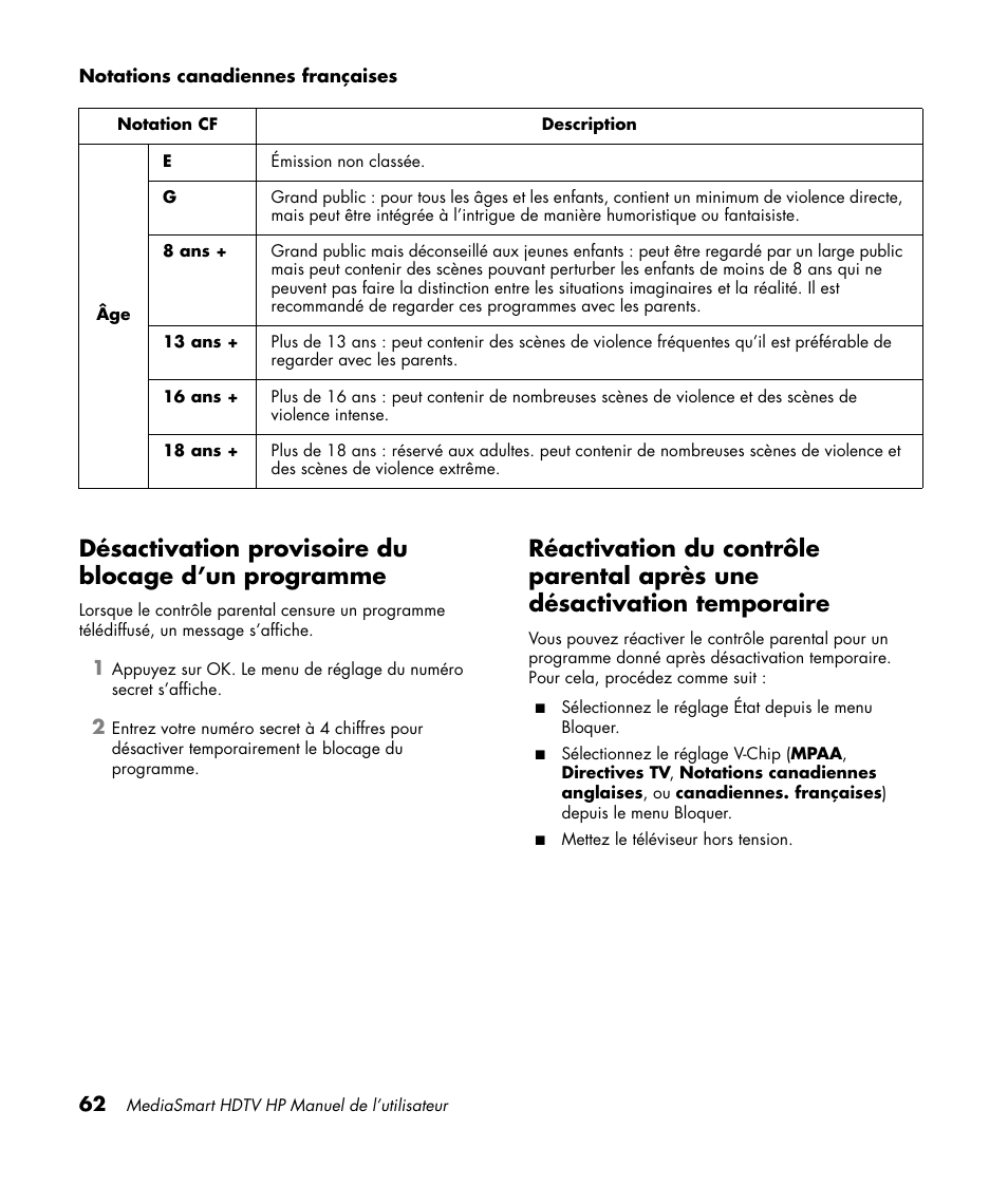 Désactivation provisoire du blocage d’un programme, Désactivation temporaire, Utilisation de la fonction média | Utilisation du menu média principal | HP MediaSmart SLC3760N User Manual | Page 176 / 310