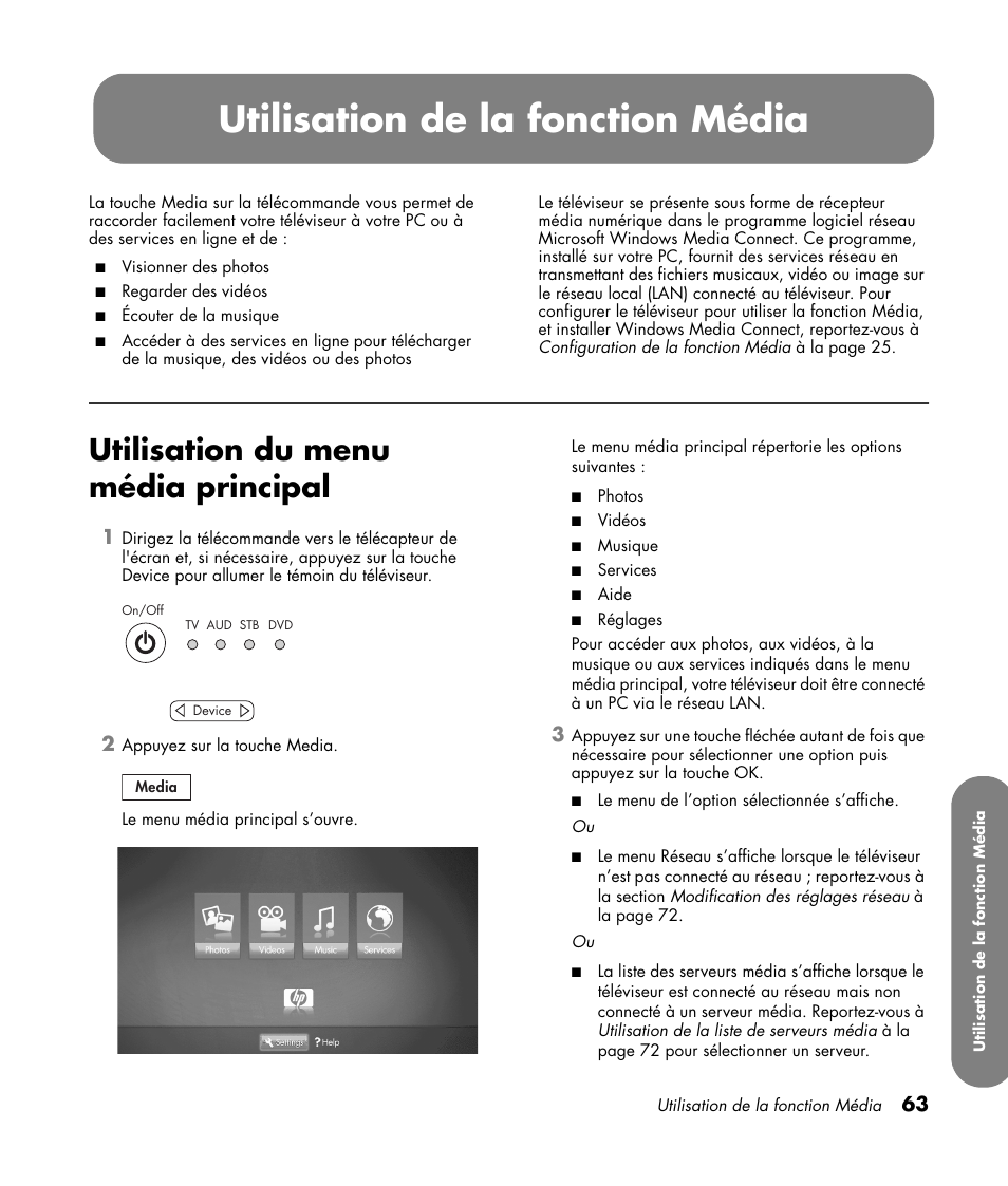 Utilisation du menu média principal, Utilisation de la fonction média | HP MediaSmart SLC3760N User Manual | Page 177 / 310