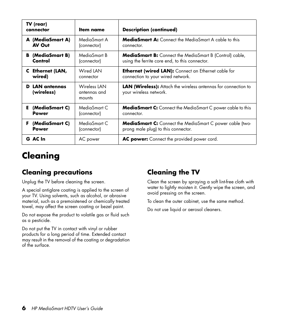 Cleaning, Cleaning precautions, Cleaning the tv | Cleaning precautions cleaning the tv | HP MediaSmart SLC3760N User Manual | Page 18 / 310