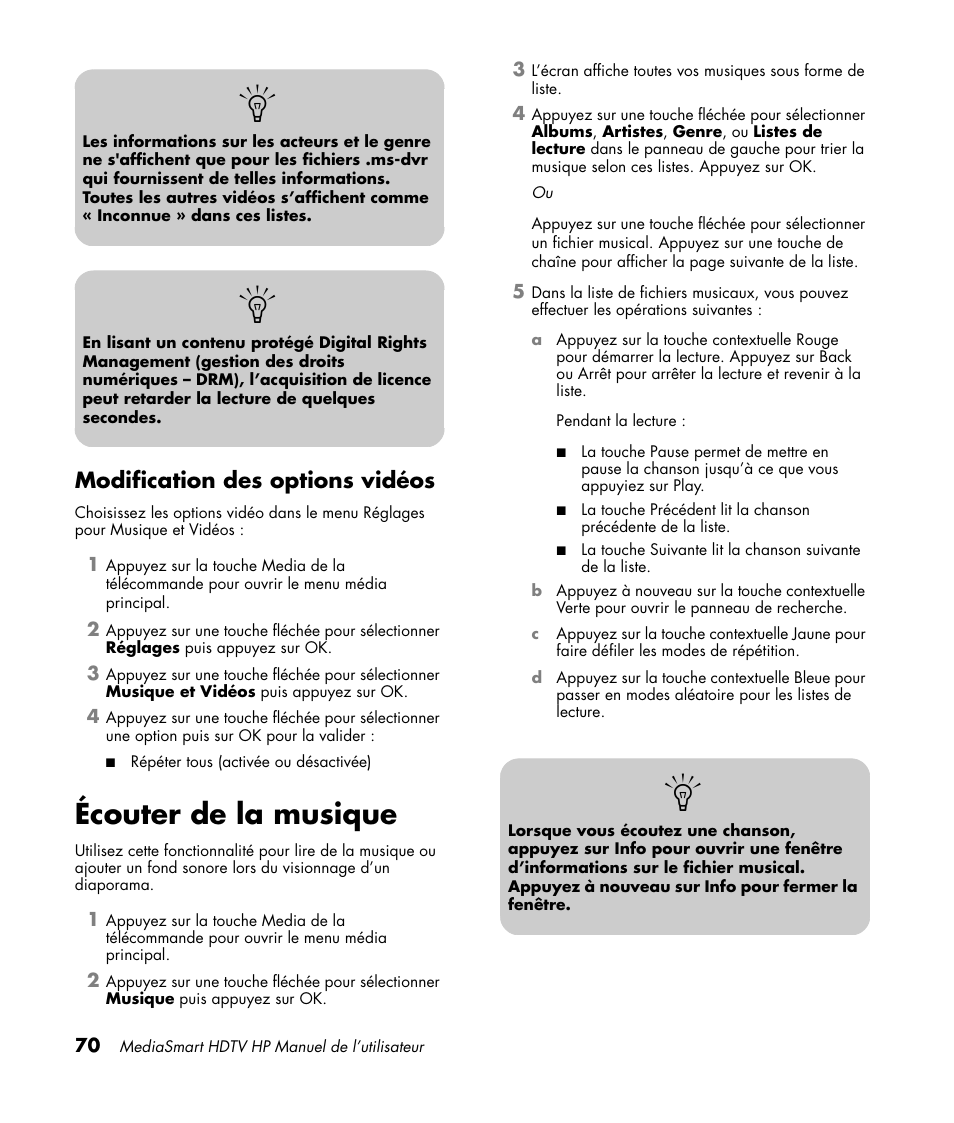 Modification des options vidéos, Écouter de la musique, Changement de serveur modification des réglages | HP MediaSmart SLC3760N User Manual | Page 184 / 310