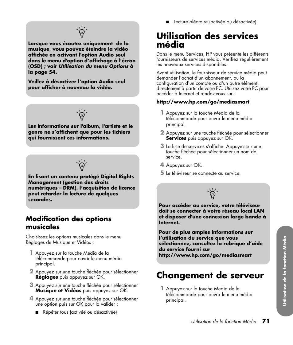 Modification des options musicales, Utilisation des services média, Changement de serveur | HP MediaSmart SLC3760N User Manual | Page 185 / 310