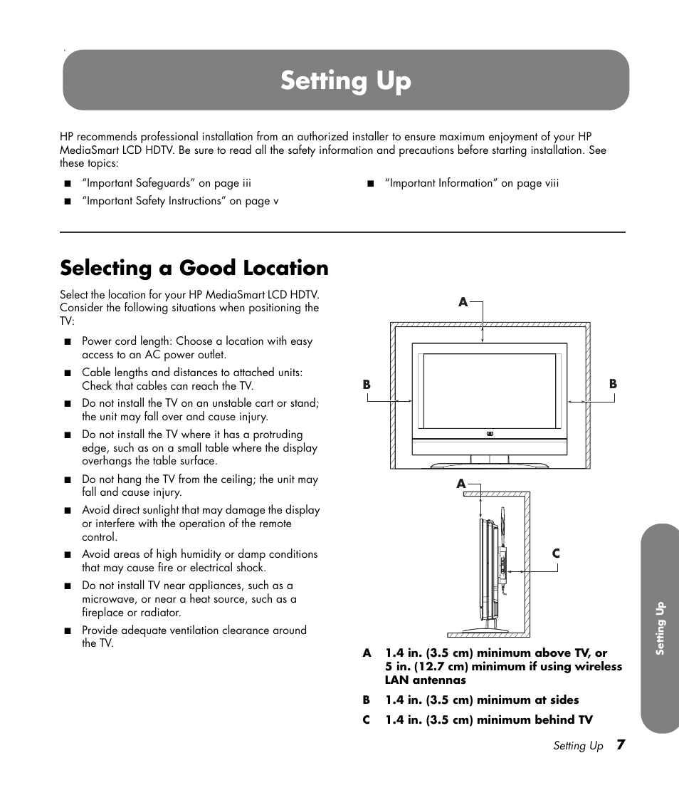 Selecting a good location, Setting up | HP MediaSmart SLC3760N User Manual | Page 19 / 310