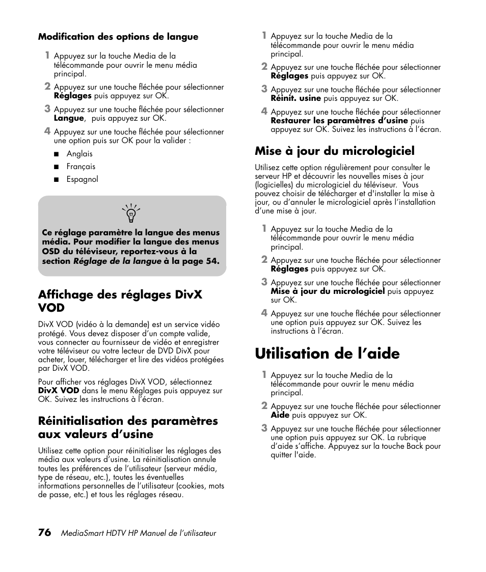 Affichage des réglages divx vod, Mise à jour du micrologiciel, Utilisation de l’aide | Réponses aux questions, Compréhension de la terminologie de la télévision | HP MediaSmart SLC3760N User Manual | Page 190 / 310