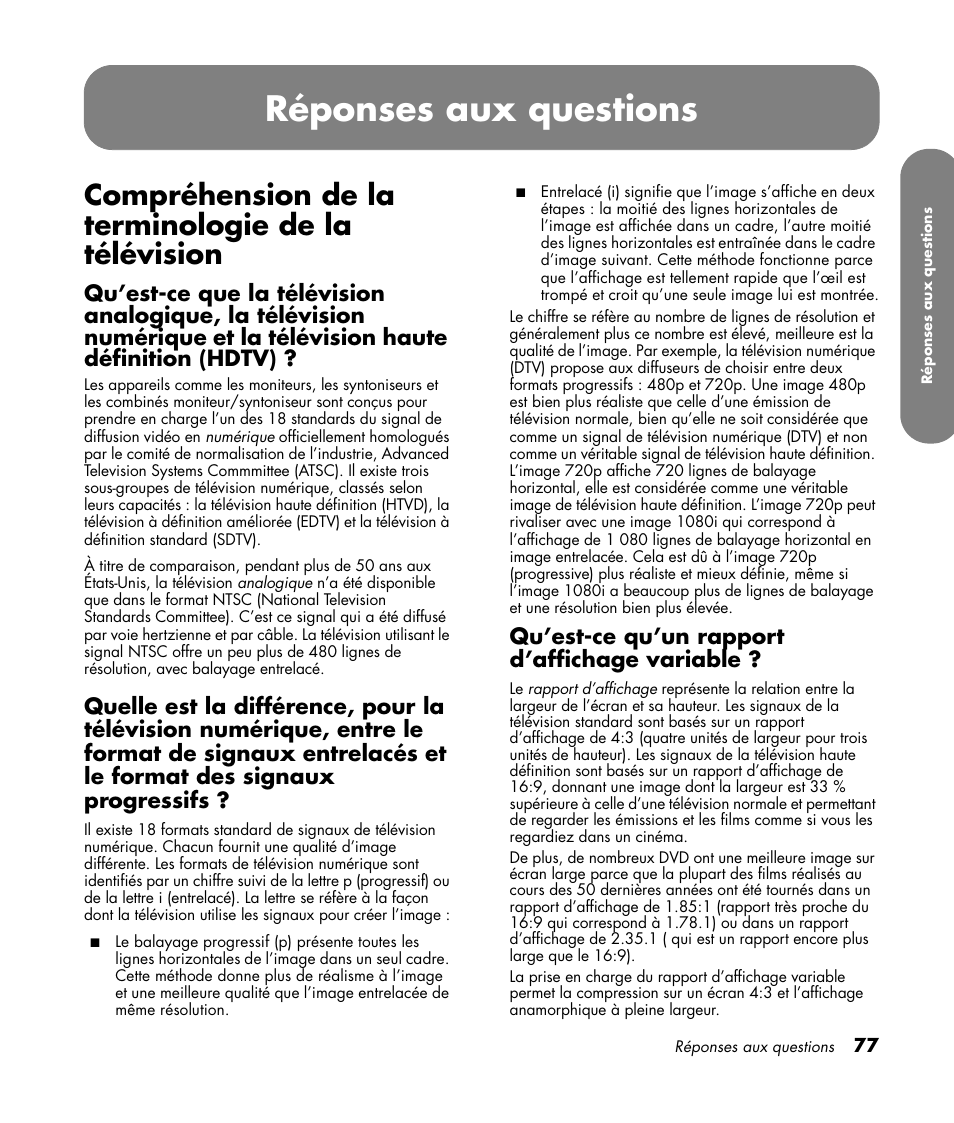 Compréhension de la terminologie de la télévision, Qu’est-ce qu’un rapport d’affichage variable, Mediasmart | Réponses aux questions | HP MediaSmart SLC3760N User Manual | Page 191 / 310