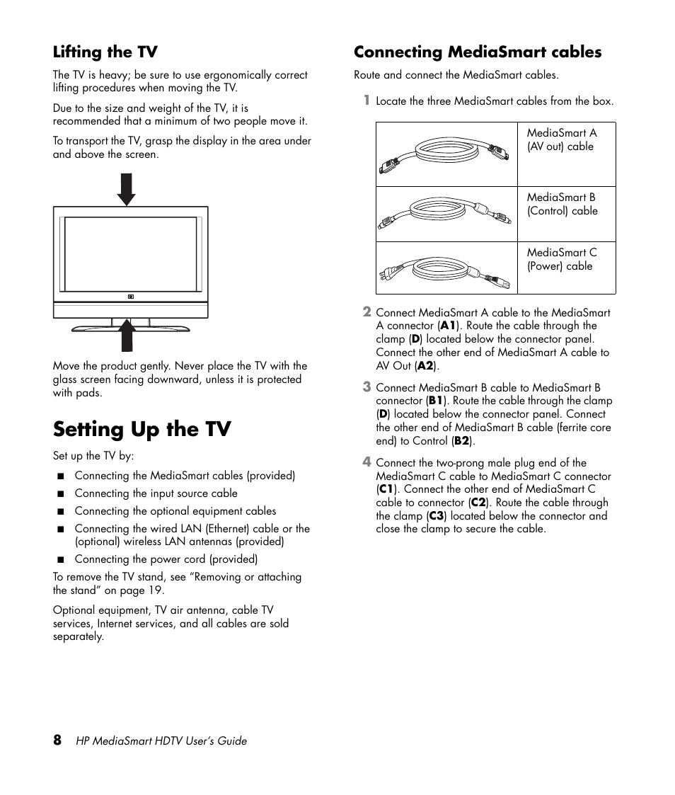 Lifting the tv, Setting up the tv, Connecting mediasmart cables | HP MediaSmart SLC3760N User Manual | Page 20 / 310